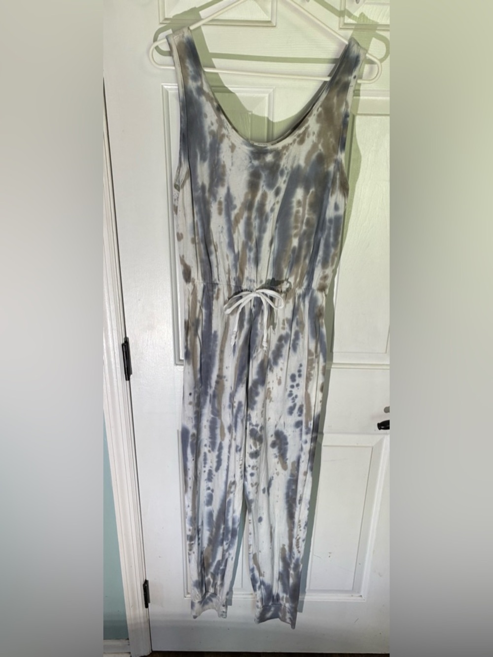 Caution To The Wind Tie-Dye Scoop Neck Jumpsuit in Gray and Cream 100% Cotton